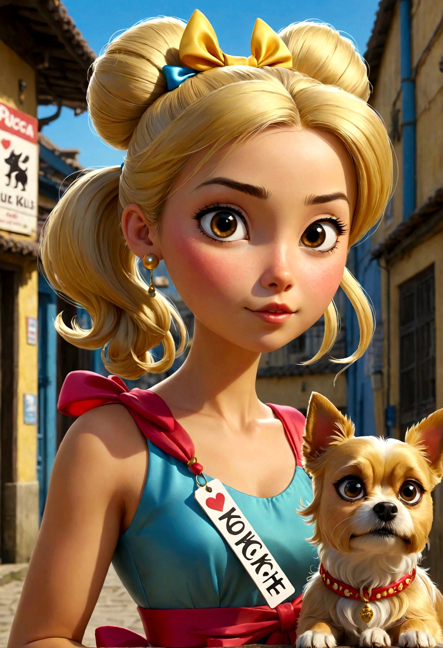 Obra-prima, de melhor qualidade, Uma mulher loira de olhos azuis, golden hair tied in a ponytail with two Yorkshire dogs A female with a bow in her hair Colorful dress with a sign written Pucca and another Yorkshire man with silver and gold color with a sign written Kadu The two are on the woman's lap
