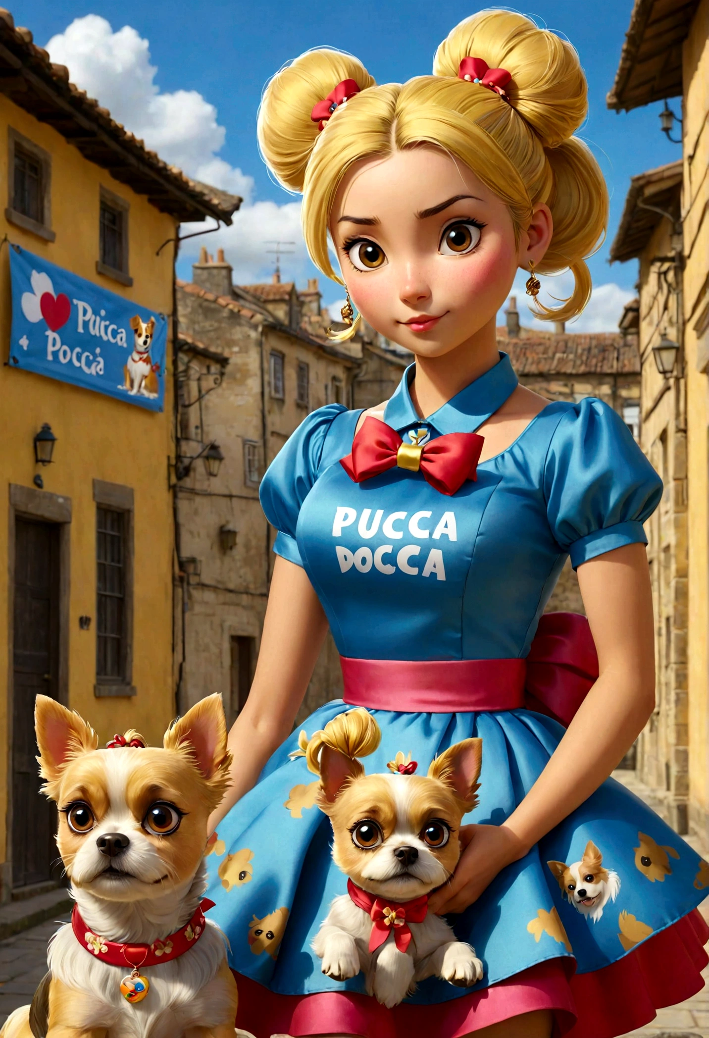 Obra-prima, de melhor qualidade, Uma mulher loira de olhos azuis, golden hair tied in a ponytail with two Yorkshire dogs A female with a bow in her hair Colorful dress with a sign written Pucca and another Yorkshire man with silver and gold color with a sign written Kadu The two are on the woman&#39;s lap