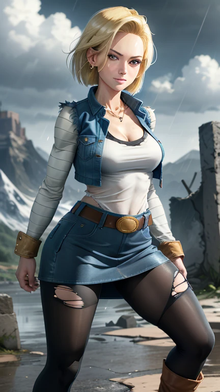 best quality, highres, and18, 1girl, android 18, solo girl, 1girl, blonde hair, blue eyes, belt, boots, tight blue demin skirt, gold_necklace, black shirt, short hair, long striped sleeves, earrings, open vest, denim vest, medium breasts, cowboy shot, mountains, straight-on, (weather: raining and windy), wet body, sexy smile, combat stance, full length pantyhose, battle ruins, wide hips, thick legs, torn clothes, closed fists, upskirt, 4k, best quality, highly detailed background, extremely high-quality graphics, ultra detailed