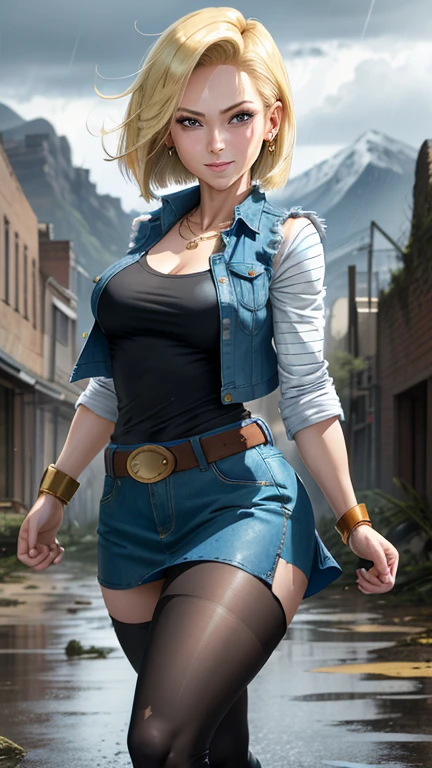 best quality, highres, and18, 1girl, android 18, solo girl, 1girl, blonde hair, blue eyes, belt, boots, tight blue demin skirt, gold_necklace, black shirt, short hair, long striped sleeves, earrings, open vest, denim vest, medium breasts, cowboy shot, mountains, straight-on, (weather: raining and windy), wet body, sexy smile, combat stance, full length pantyhose, battle ruins, wide hips, thick legs, torn clothes, closed fists, upskirt, 4k, best quality, highly detailed background, extremely high-quality graphics, ultra detailed
