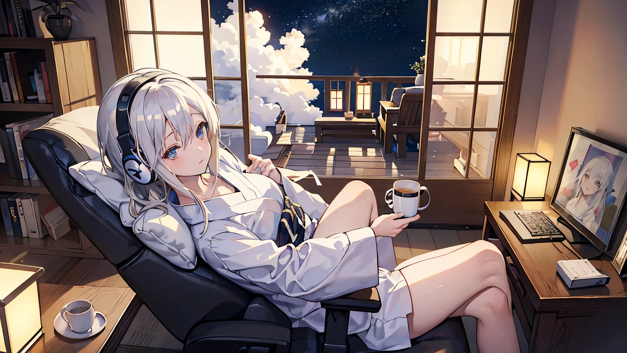 ((highest quality)), ((masterpiece)), (detailed), One girl, Sexy A beautiful white-haired girl studying in her room with a mug in hand while listening to music on headphones. Outside it is night and the stars are shining. Japanese anime style