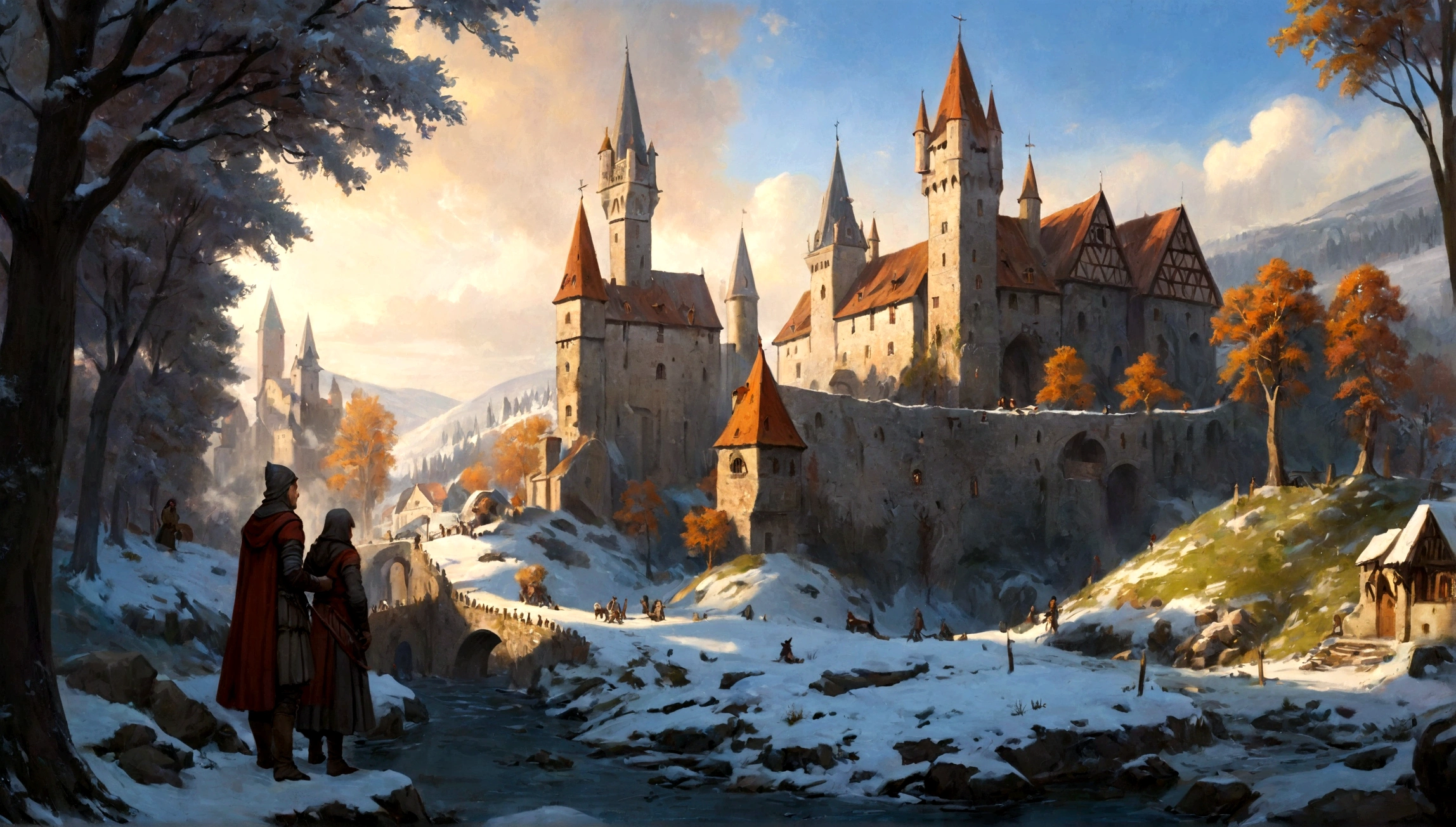 forest, ((forest)), winter, winter forest city in forest, city, medieval city, ((medieval city))
