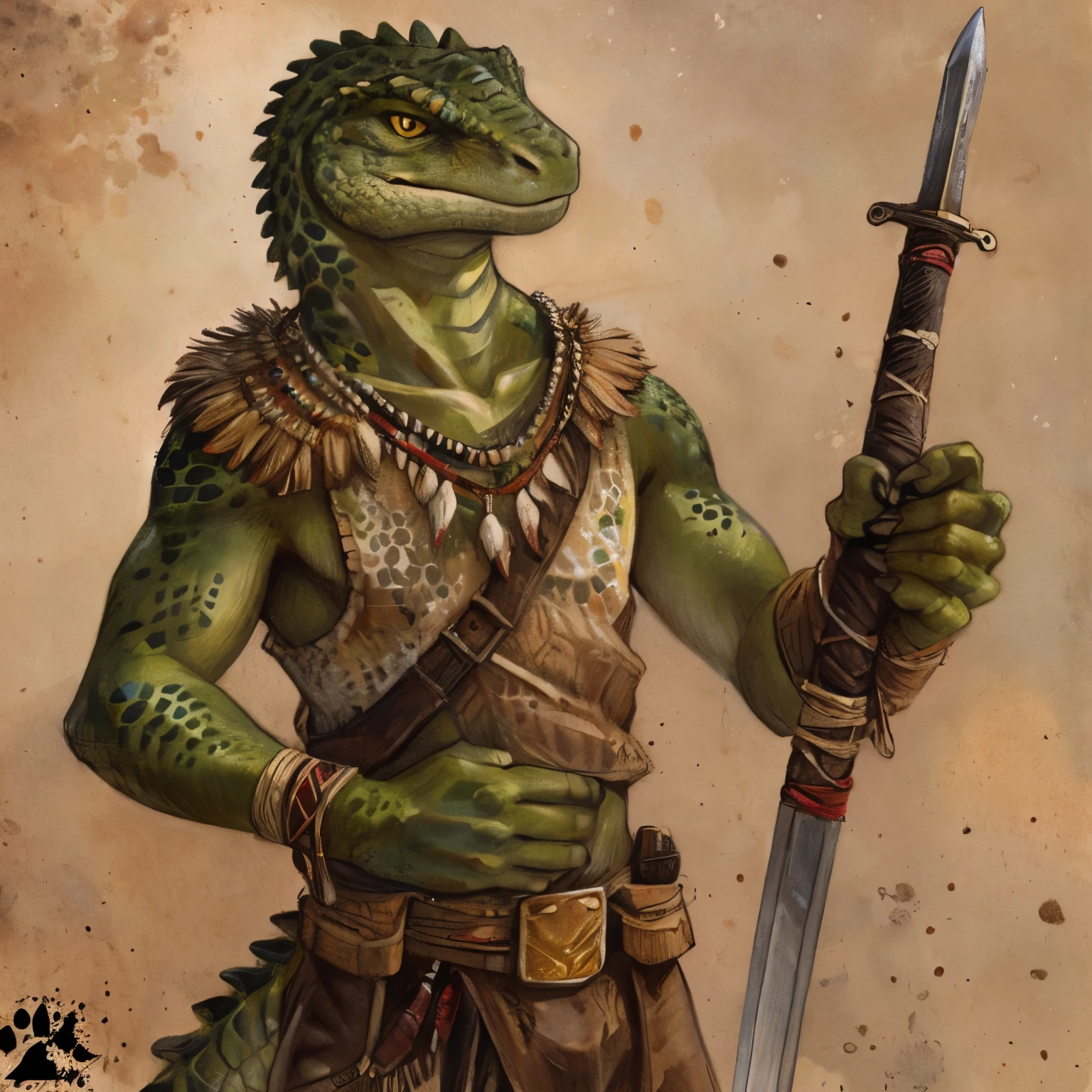 Male, Anthro, tegu lizard, angry eyes, brownish-green lizard scales, tribal vests, holding wood shield and sword, detailed anatomy, no background, (by blotch)
