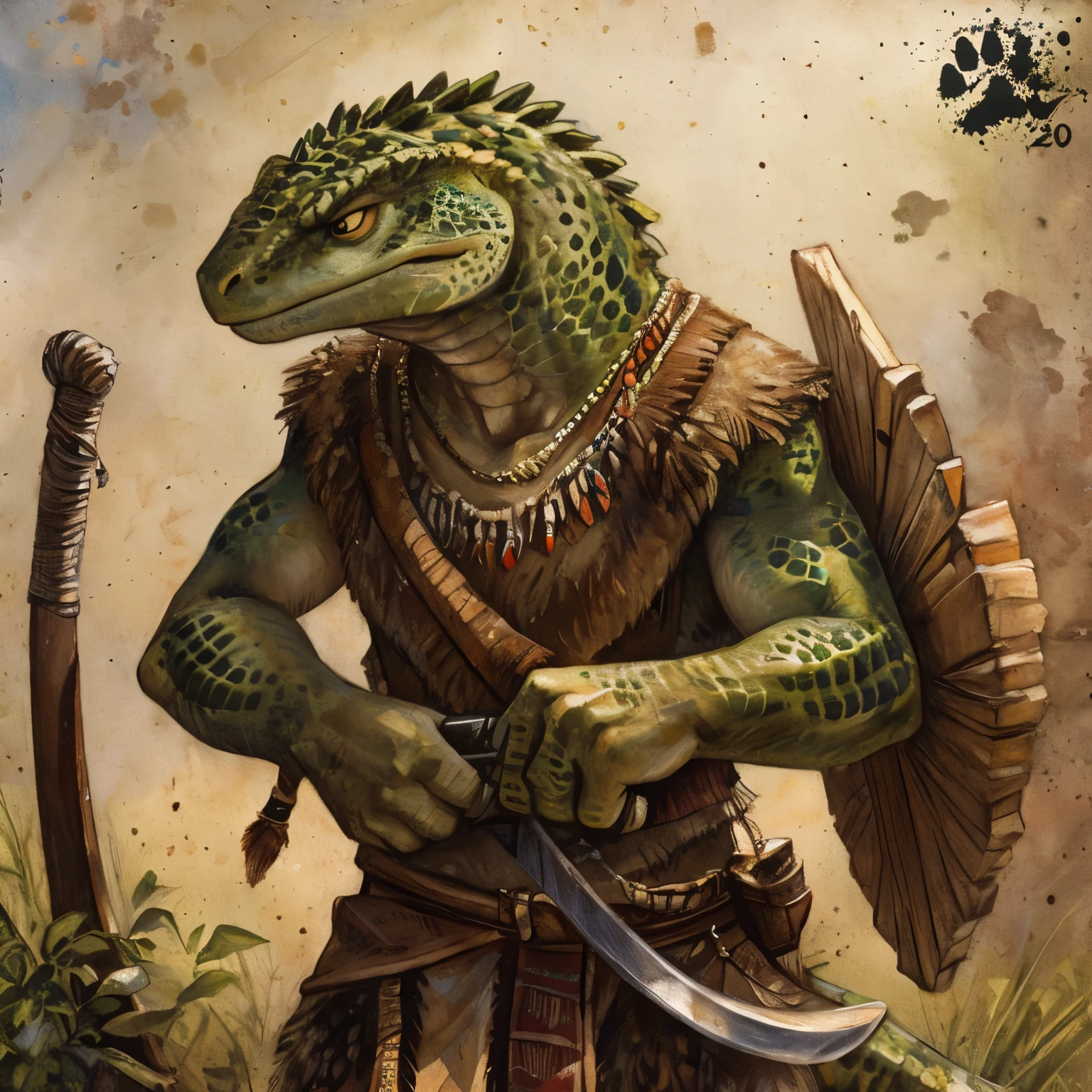 female, Anthro, tegu lizard, angry eyes, growling, looking to camera, brownish-green skin, tribal vests, holding spear, detailed anatomy, skinny, (by blotch)