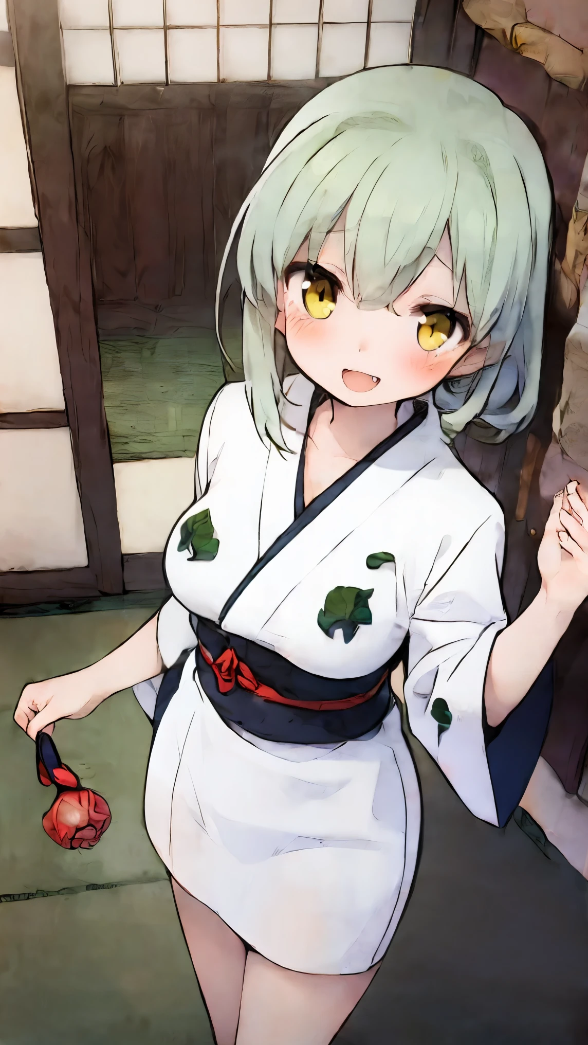(8k, RAW photo, best quality, masterpiece, highres, absurdres, ultra detailed:1.3), (Photography, realistic, photo-realistic:1.4), (beautiful natural lighting, beautiful deatailed shadow, beautiful detailed glow :1.4), atmospheric,
BREAK (1 beautiful girl: 1.45), (9 year old girl), alone, (cute: 1.5), (chibi: 0.6), (kawaii: 1.5), (change: 0.95), BREAK (Dragon Horn: 1.15), (ponytails, pale green hair, short hair: 1.35), (yellow eyes, double, slanted eyes: 1.45), blush, double teeth, ((D cup breasts)), heart, sight, (long eyelids, thin eyelids: 1.2), alone, glowing skin, beautiful skin, (dragon's horn, HIGHEST QUALITY FACE 1.35), (HIGHEST QUALITY SLANT EYEAID OUTFIT, GLOVES, OPEN YOUR MOUTH, SHORT SLEEVE,( smile, blush :1.45),
BREAK
(japanese clothes,:1.2), (bouncing breasts,unaligned breasts:1.4), BREAK (kimono,long sleeves, obi, open mouth,print kimono, red bow,red kimono, red ribbon, ribbon,sash, front view, night, lantern, moss), Tea room, round window, dark room, Shadow, green on the veranda, ornamental plants, (color used: base color = dark brown, assorted color = green only), simple color composition, simple space, clay wall, ethereous, fang, floral print,yunomi, (spill:1.3),green tea,(troubled eyebrows, blush:-1),sitting, wariza,hair ribbon, indoors,, shouji, sliding doors, solo, tatami, tears, tray, wide sleeves, window,
BREAK wakame,wakame,wakame,(cowboy shot, from front above:1.4), BREAK manga illustration,manga style,