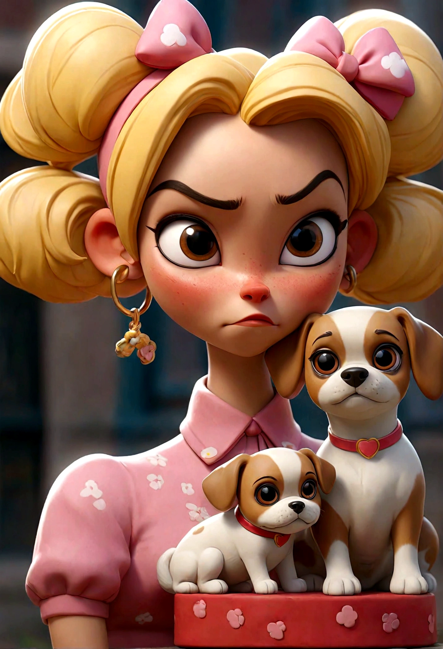 Obra-prima, de melhor qualidade, Uma mulher loira de olhos azuis, golden hair tied in a ponytail with two Yorkshire dogs A female with a bow in her hair Colorful dress with a sign written Pucca and another Yorkshire man with silver and gold color with a sign written Kadu The two are on the woman&#39;s lap