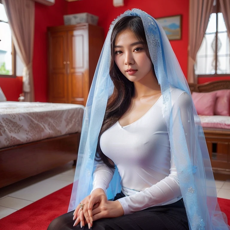 araffe woman in a white top and blue veil sitting on a red carpet, beautiful asian woman, beautiful asian girl, asian woman, an asian woman, beautiful oriental woman, asian girl, beautiful woman, asian women, anime thai girl, korean woman, lovely woman, beautiful south korean woman, vietnamese woman, sexy girl, cute woman, malaysian
