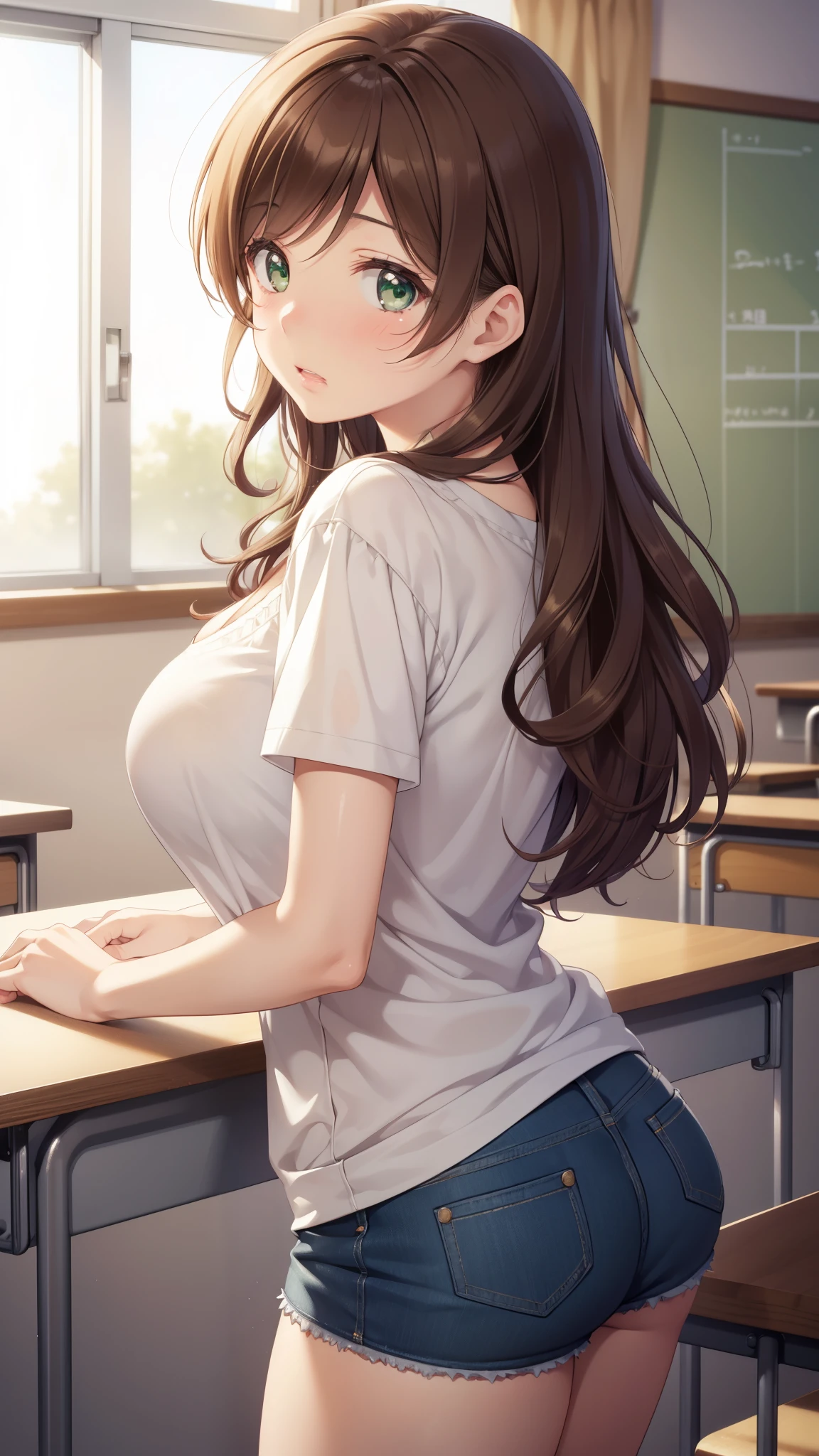 nozomitoujou, nozomi toujou, green eyes, beautiful detailed eyes, brown hair, curly hair, large breasts, masterpiece, best quality, high resolution, good lighting, detailed CG, messy hair, worried, short shorts, v-neck top, looking back at viewer, glossy lips, classroom