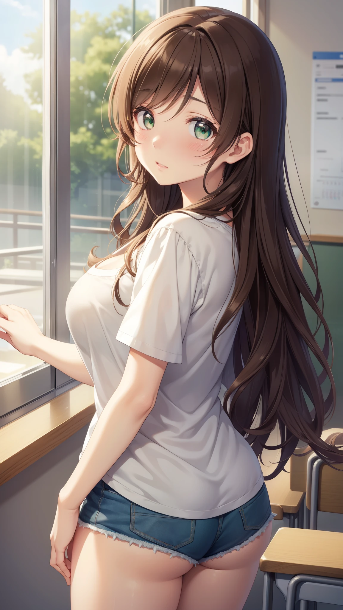 nozomitoujou, nozomi toujou, green eyes, beautiful detailed eyes, brown hair, curly hair, large breasts, masterpiece, best quality, high resolution, good lighting, detailed CG, messy hair, worried, short shorts, v-neck top, looking back at viewer, glossy lips, classroom