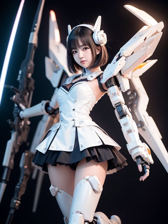 {(japanese young girl)}, {japanese girl wear maid clothes with white frills}, wears a futuristic Gundam mecha,(Gundam style), with headgear, with v-fin , armored shoulders,armored under arms, armored under legs, full body:1.5, battle pose,Pose that uses the whole body, 
 cute, (cute:1.2), (bob cut:1.3),Braid, Black Hair, Thick eyebrows, Light-colored irises, Big, bright black eyes, Long eyelashes, Small, light-colored, natural lips, (Average face of Japanese idols), (The uniquely Japanese like face:1.3), (baby de forehead:1.2, Plump Cheeks, Small jaw, open legs, spread feet, visible side boob, (mechanical wings), holding weapon,holding huge weapon, holding Very large shield,looking at viewer,Focus on the eyes , 

 3D rendering, 
 Small robot, 
 portrait female anime, 
 cute 3d anime rendering, 
 cute detailed digital art, 
 mini cute mech, 
 3D rendering stylized, 
 3D rendered character art 8k, 
 cute digital painting, 
 Anime style 3D, 
 Super detailed rendering, 
 weapon in hand, 
