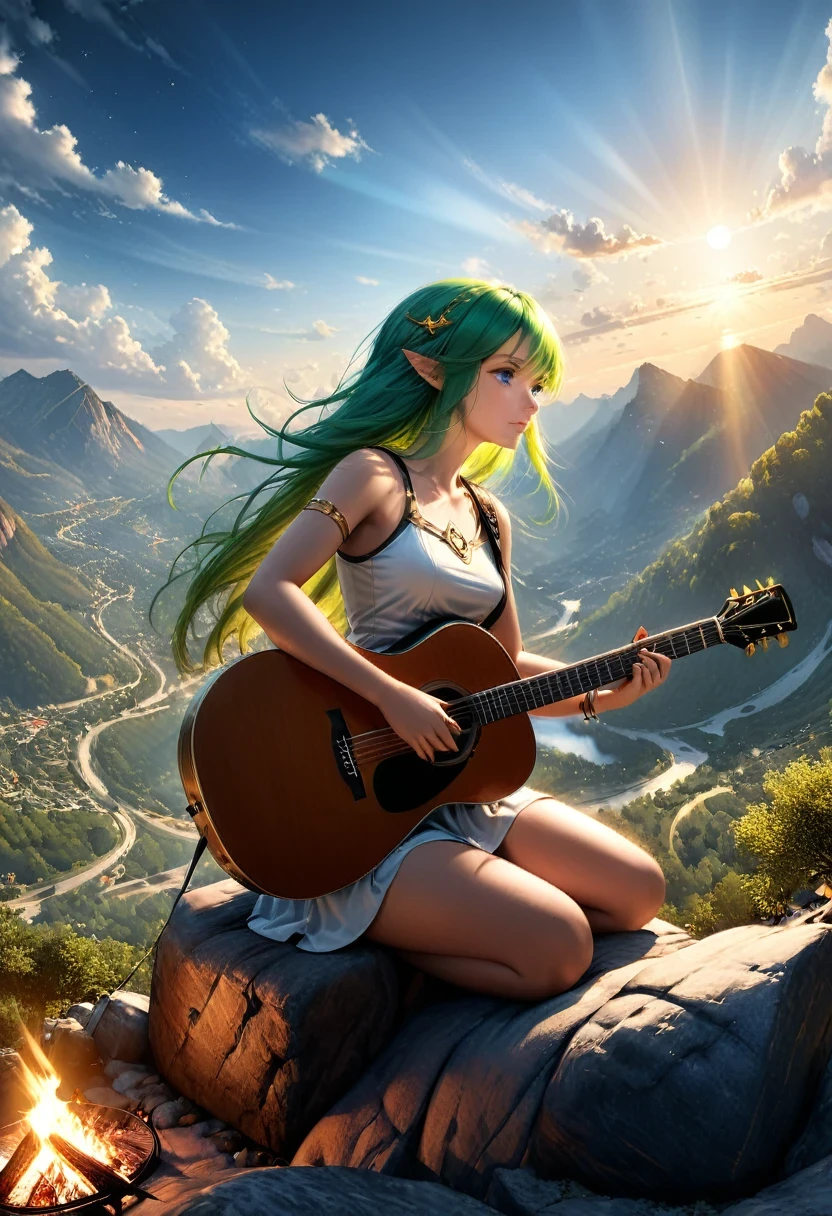 fantasy art, RPG art, a female elf playing (aether guitar: 1.3), she sits on the top of the mountain at night, exquisite beautiful female elf, (green hair: 1.4), long hair, (blue eyes: 1.30, wearing dynamic clothing, playing (aether guitar: 1.3) aetherpunkai, near a camp fire, on top of a fantasy mountain ,moon, stars, clouds, god rays, soft natural light, dynamic angle, photorealism, panoramic view, ultra best realistic, best details, 16k, [ultra detailed], masterpiece, best quality, (extremely detailed), photorealism, Cinematic Hollywood Film style