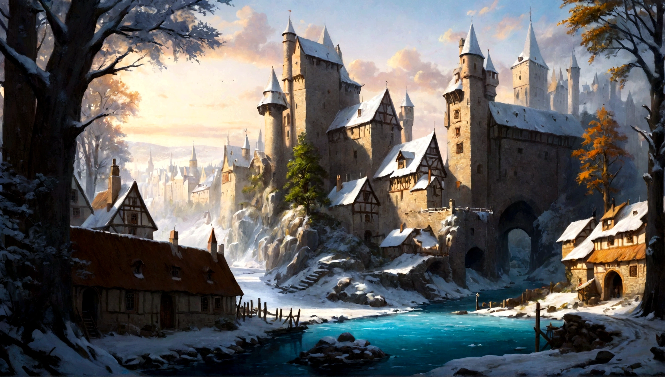 forest, ((forest)), winter, ((winter)) winter forest city in forest, city, medieval city, ((medieval city))
