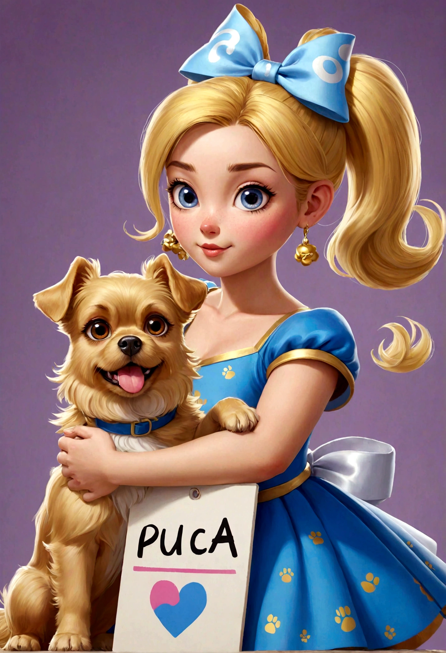Obra-prima, de melhor qualidade, Uma mulher loira de olhos azuis, golden hair tied in a ponytail with two Yorkshire dogs A female with a bow in her hair Colorful dress with a sign written Pucca and another Yorkshire man with silver and gold color with a sign written Kadu The two are on the woman's lap
