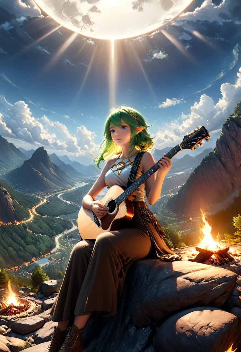 fantasy art, RPG art, a female elf playing (aether guitar: 1.3), she sits on the top of the mountain at night, exquisite beautiful female elf, (green hair: 1.4), long hair, (blue eyes: 1.30, wearing dynamic clothing, playing (aether guitar: 1.3) aetherpunkai, near a camp fire, on top of a fantasy mountain ,moon, stars, clouds, god rays, soft natural light, dynamic angle, photorealism, panoramic view, ultra best realistic, best details, 16k, [ultra detailed], masterpiece, best quality, (extremely detailed), photorealism, Cinematic Hollywood Film style
