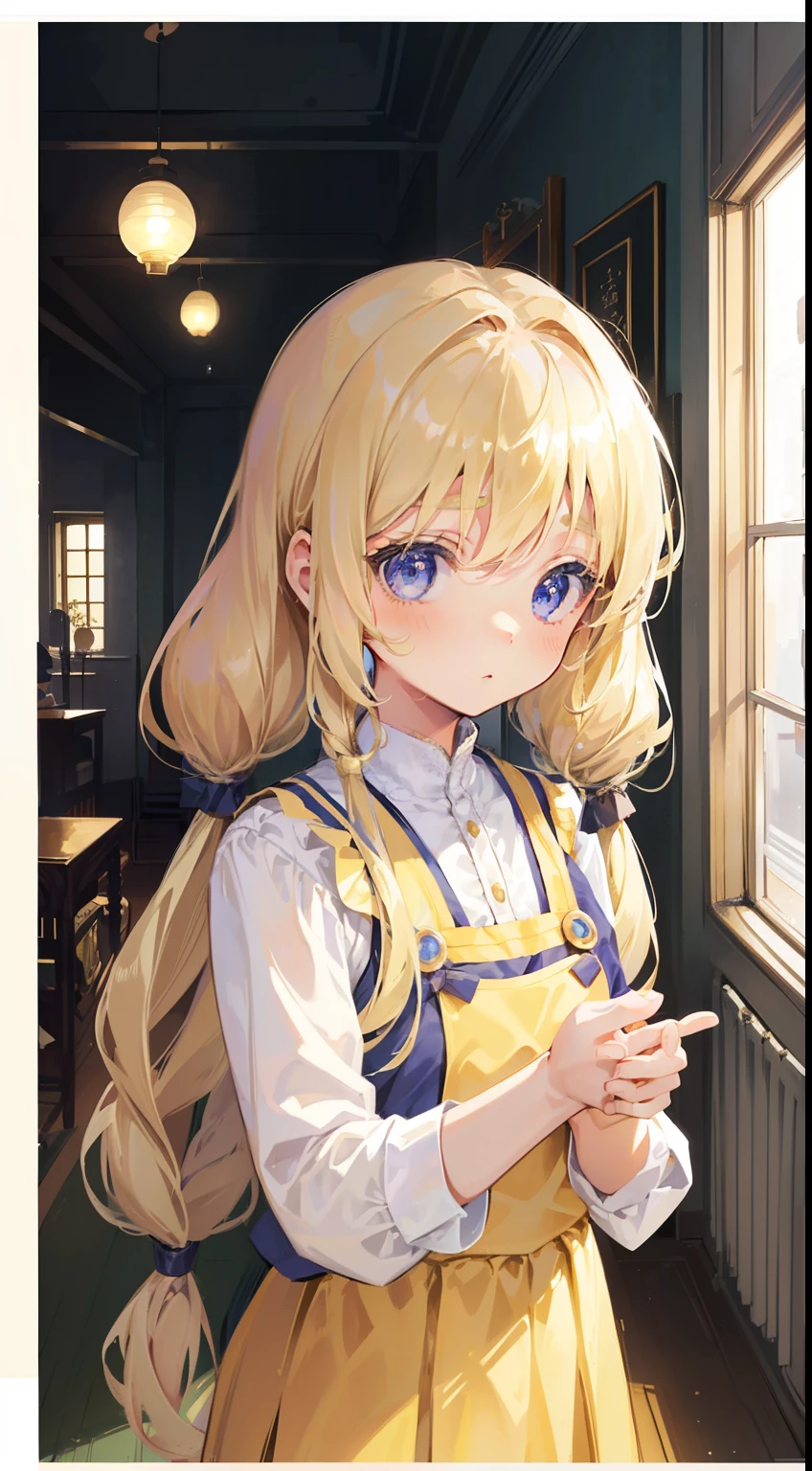 1 girl in、Light blonde hair、Long hairs、Hair curls a little、Hair in 2 pigtails, Hair swaying in the wind、Light gold eyes、Delicate eyes、Neat and delicate face、a beauty girl、(Dormitory dormitory uniforms:1.3)、(Warped Wonderland)、Cute Baby Turtle、Night Raven Academy background,JK ,Blonde girl by the bed