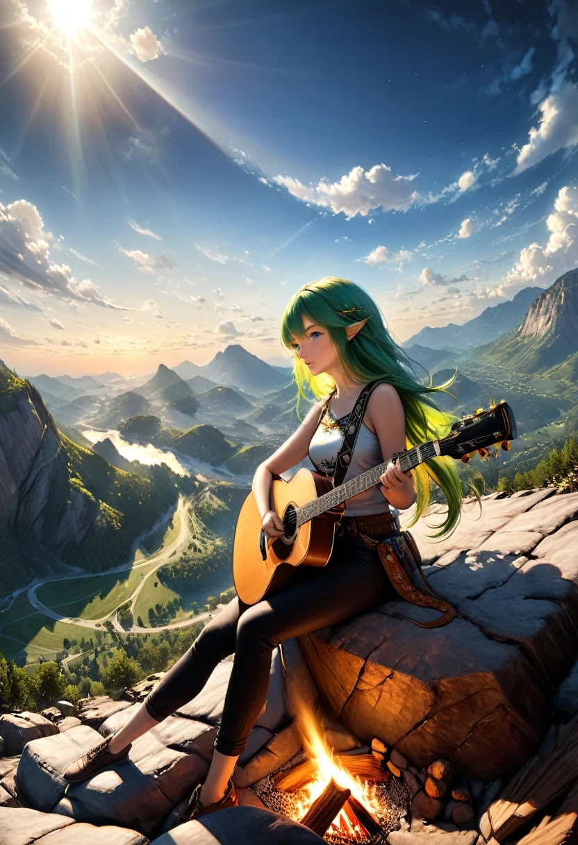 fantasy art, RPG art, a female elf playing (aether guitar: 1.3), she sits on the top of the mountain at night, exquisite beautiful female elf, (green hair: 1.4), long hair, (blue eyes: 1.30, wearing dynamic clothing, playing (aether guitar: 1.3) aetherpunkai, near a camp fire, on top of a fantasy mountain ,moon, stars, clouds, god rays, soft natural light, dynamic angle, photorealism, panoramic view, ultra best realistic, best details, 16k, [ultra detailed], masterpiece, best quality, (extremely detailed), photorealism, Cinematic Hollywood Film style