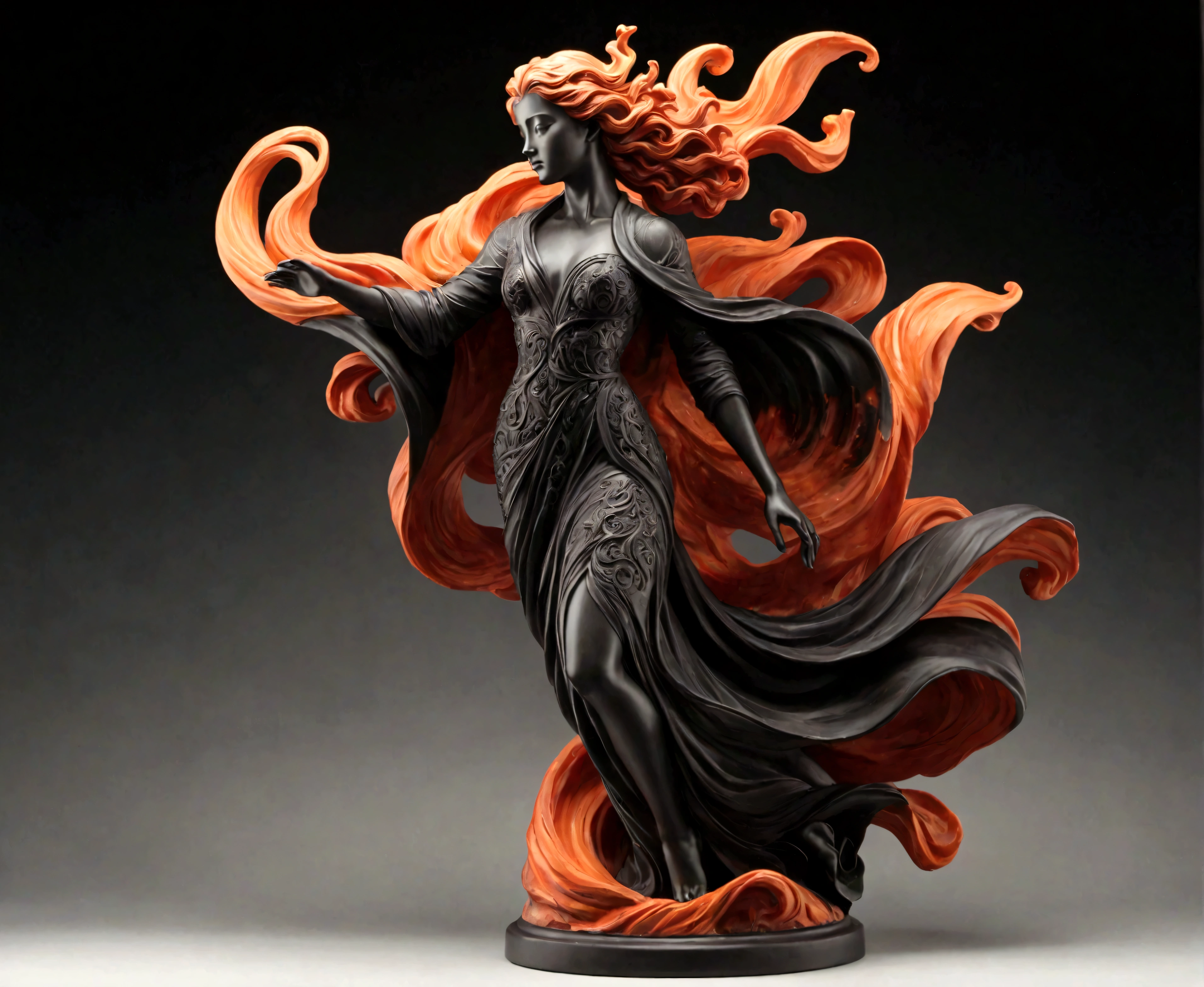 A beautifully sculpted and powerful lava representation of a woman in motion captures the essence of a renaissance masterpiece. The flowing robes and dynamic pose hint at grace and vigor frozen in time. This stunning sculpture, possibly a lava carving, exudes both elegance and strength, with intricate details that speak to the artist's skill and vision. The blend of classic beauty and fiery intensity makes this piece a true work of art.
