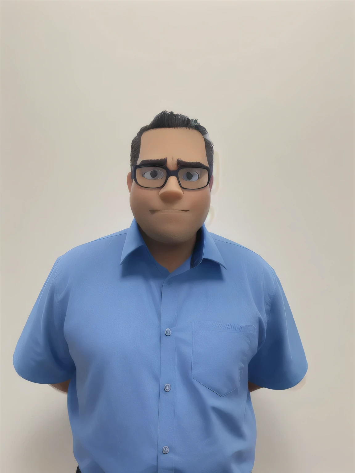 Cartoon character of a man in black glasses and blue shirt, arms back, serious-looking brown