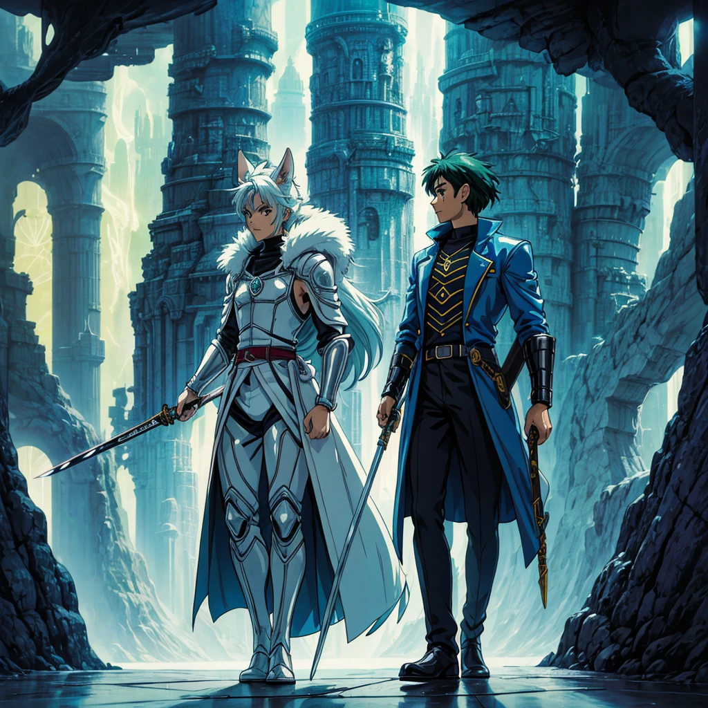 Niji mode, human male sorcerer secret agent, human face with green wolf ears, full body, wearing an elegant suit made of fine fabric and with magic circuits, holding in both hands a sword with a long handle with carved magic details glowing, glowing eyes, RPG costume , tanned skin, neon punk, art book, Studio ghibli, wide setting, in the middle of a retro cyber punk magical metropolis, magical light reflected in the hair and ear, aura of light, stylish dynamic pose, side view, old anime