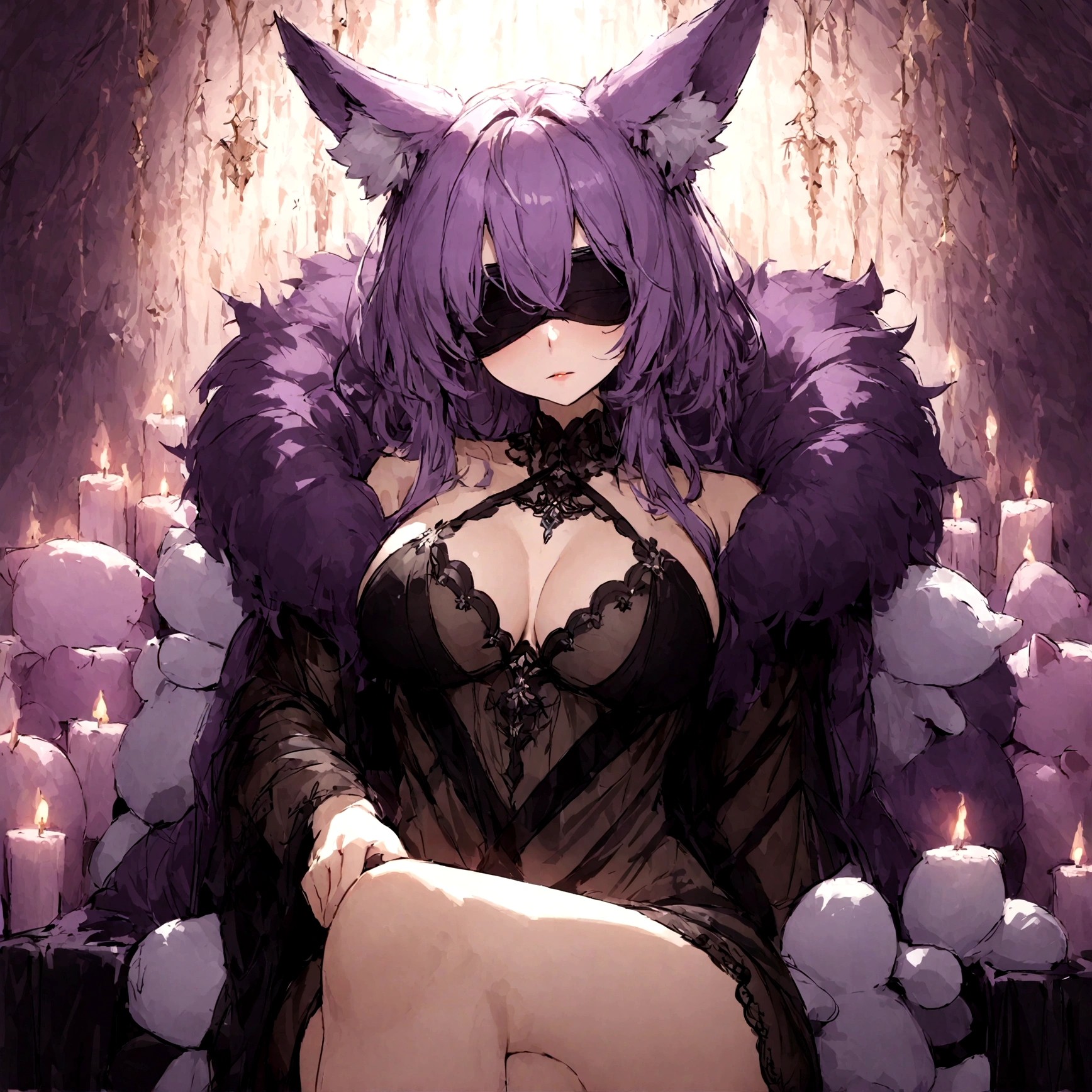 a sexy milf with a blindfold on, has very long purple hair, wearing fur lined sheer robe, breasts, showing cleavage, has fox ears, relaxing on a throne, surrounded by candles and soft multi colored fuzzy plushies