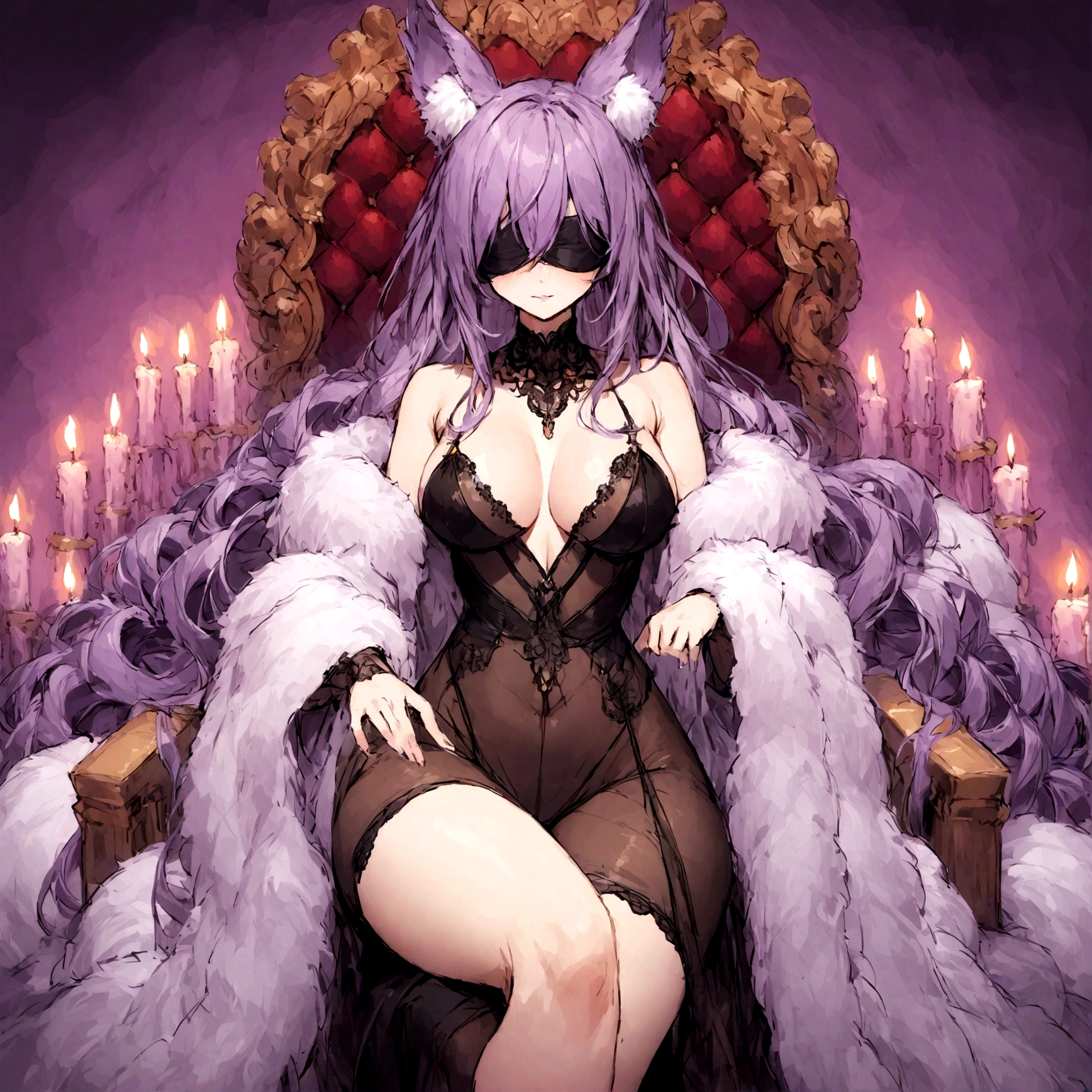 a sexy milf with a blindfold on, has very long purple hair, wearing fur lined sheer robe, breasts, showing cleavage, has fox ears, relaxing on a throne, surrounded by candles and soft multi colored fuzzy plushies