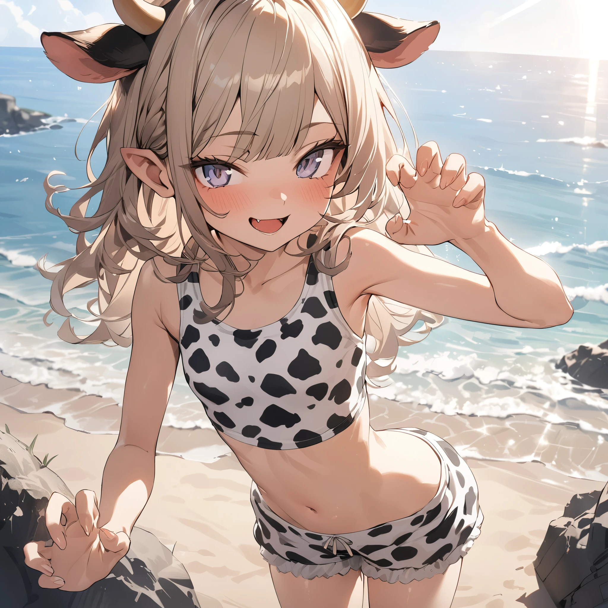 ((Masterpiece)), ((best quality)), (Anime:1.4), (super detail:1.2), (High Definition:1.3), (Professional Photography:1.3), (wide shot), (sharp focus), (perfect light), ((12 years old)), 1girl, ((wearing Cow-patterned tanktop)), fluffy shorts, cinematic lighting, Textured skin, messy hair, (loose blunt bangs), teenage girl, Healthy stomach, (Healthy slim body), small breasts, cute eyes, ((naughty face)), (open mouth), (put on cow ears), pale brown hair, Cute Beautiful girl, Thin accessories, ((claw pose)), (on the Beautiful beach)