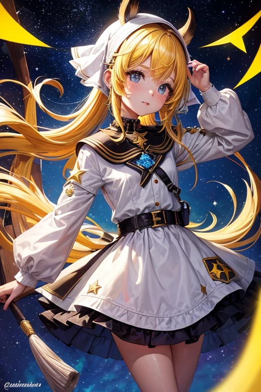una chica, pelo de color blanco, ojos de color amarillo, duende, pecho mediano, Peinado de cola de caballo larga, tema de aventura, mirando la estrella