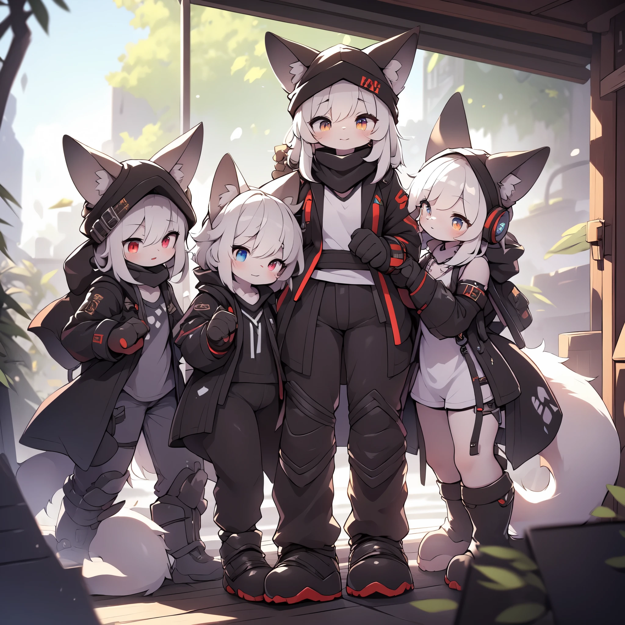 Kawaii, Striped Fluffy Fox, emaciated, long hair, 3girls, artificial synthetic skin, life support prosthetics, digital headphones, black tight latex bodysuit, white long dress, thigh-high-socks, shorts, loose off-the-shoulder hood open jacket, holsters in thigh, Mechanical boots, tactical knee pads, tactical belted loose Arm Sleeves, cybernetic Display gloves, chest rigs, tactical belts, blue archive halo, bulletproof goggles on forehead, from Ark nights, ray tracing, depth of field, bloom, masterpiece, ccurate, high details, highres