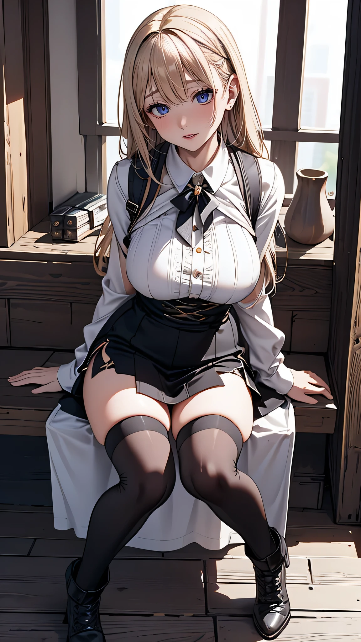 ((highest quality、High resolution、Highly detailed CG Unity 8K wallpaper))、detailed face、perfect body、unparalleled beauty、beautiful breasts、spread your legs wide、embarrassed look、((She lifts up her skirt and shows her panties))