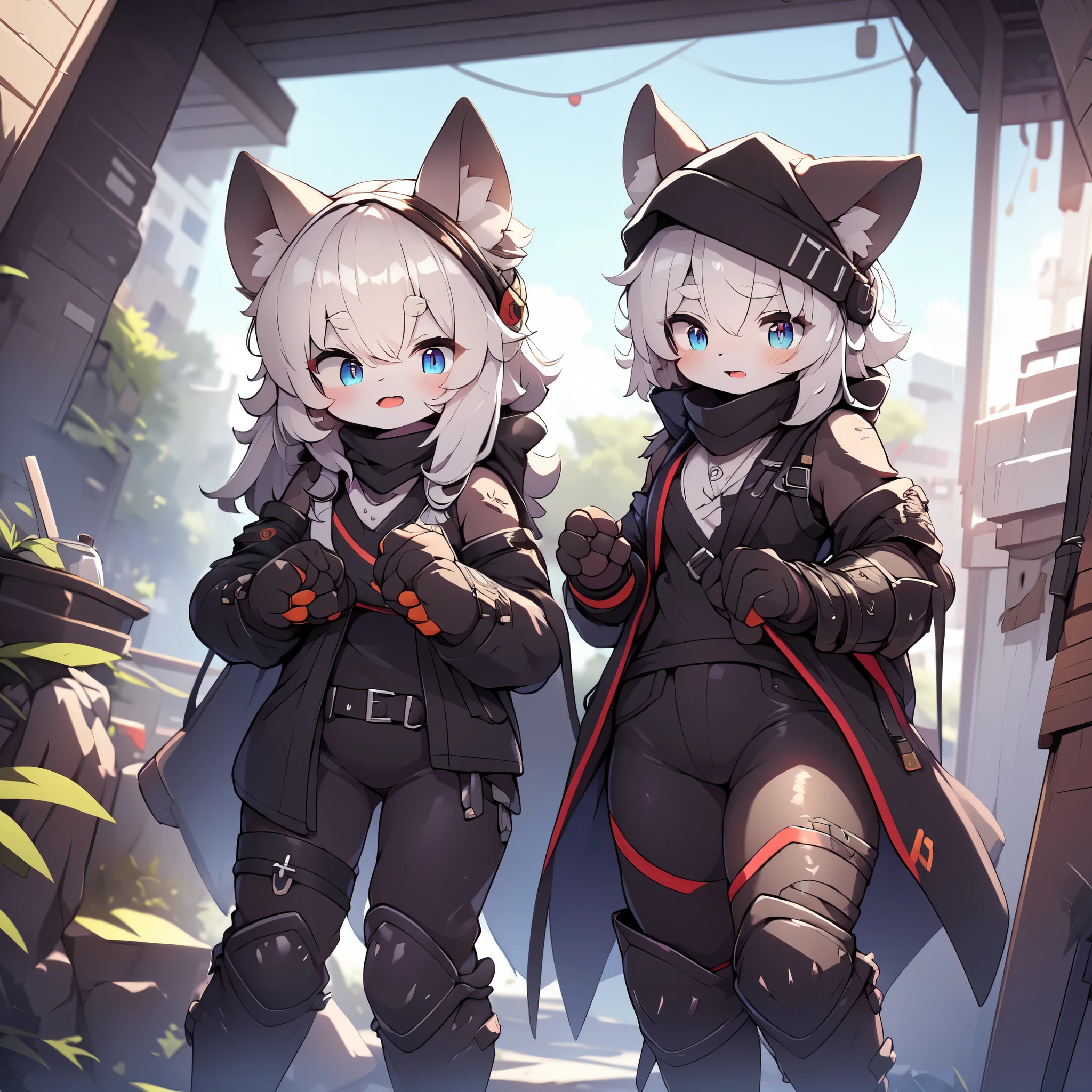 Kawaii, Striped Fluffy Fox, emaciated, long hair, 3girls, artificial synthetic skin, life support prosthetics, digital headphones, black tight latex bodysuit, white long dress, thigh-high-socks, shorts, loose off-the-shoulder hood open jacket, holsters in thigh, Mechanical boots, tactical knee pads, tactical belted loose Arm Sleeves, cybernetic Display gloves, chest rigs, tactical belts, blue archive halo, bulletproof goggles on forehead, from Ark nights, ray tracing, depth of field, bloom, masterpiece, ccurate, high details, highres