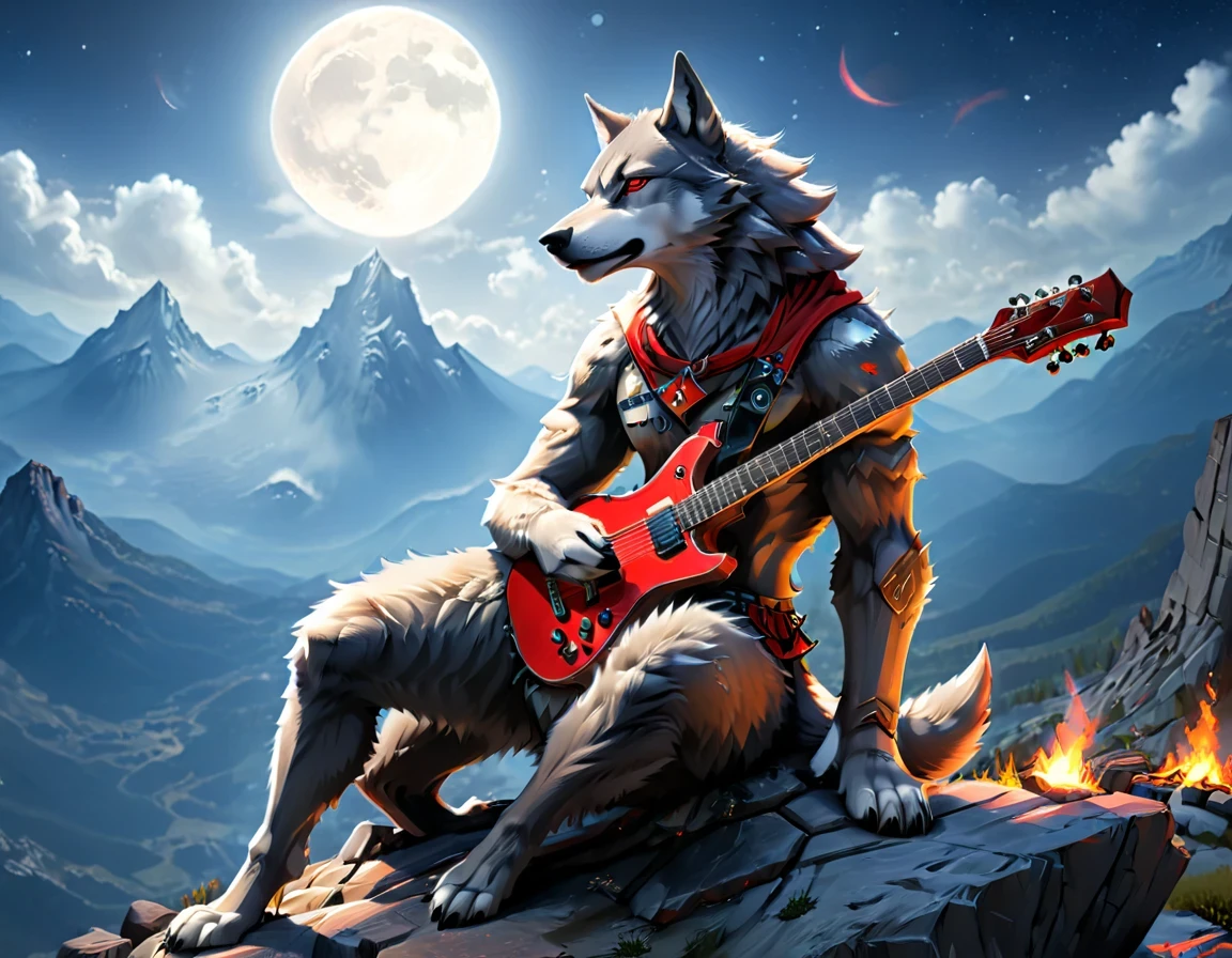 fantasy art, RPG art, a (wolf anthromorphic: 1.5) playing (aether guitar: 1.3), he sits on the top of the mountain at night, strong muscular(wolf anthromorphic: 1.5), dynamic fur color. (red eyes: 1.30, wearing (dynamic clothing: 1.5), playing (aether guitar: 1.3) aetherpunkai, near a camp fire, on top of a fantasy mountain , full moon, stars, clouds, god rays, soft natural light, dynamic angle, photorealism, panoramic view, ultra best realistic, best details, 16k, [ultra detailed], masterpiece, best quality, (extremely detailed), photorealism, Cinematic Hollywood Film style