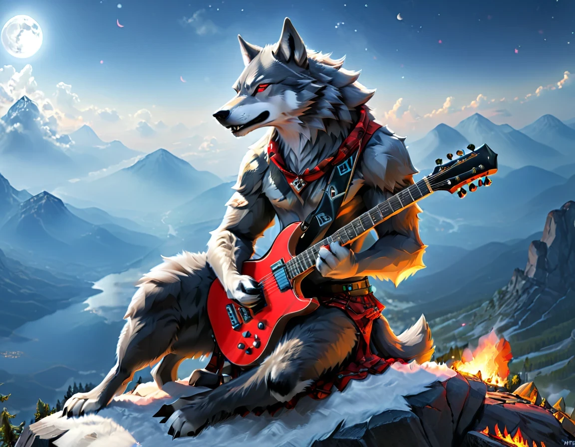 fantasy art, RPG art, a (wolf anthromorphic: 1.5) playing (aether guitar: 1.3), he sits on the top of the mountain at night, strong muscular(wolf anthromorphic: 1.5), dynamic fur color. (red eyes: 1.30, wearing (dynamic clothing: 1.5), playing (aether guitar: 1.3) aetherpunkai, near a camp fire, on top of a fantasy mountain , full moon, stars, clouds, god rays, soft natural light, dynamic angle, photorealism, panoramic view, ultra best realistic, best details, 16k, [ultra detailed], masterpiece, best quality, (extremely detailed), photorealism, Cinematic Hollywood Film style