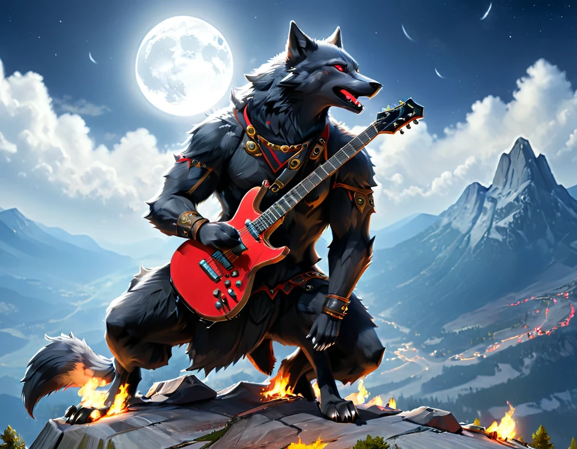 fantasy art, RPG art, a (wolf anthromorphic: 1.5) playing (aether guitar: 1.3), he sits on the top of the mountain at night, strong muscular(wolf anthromorphic: 1.5), dynamic fur color. (red eyes: 1.30, wearing (dynamic clothing: 1.5), playing (aether guitar: 1.3) aetherpunkai, near a camp fire, on top of a fantasy mountain , full moon, stars, clouds, god rays, soft natural light, dynamic angle, photorealism, panoramic view, ultra best realistic, best details, 16k, [ultra detailed], masterpiece, best quality, (extremely detailed), photorealism, Cinematic Hollywood Film style