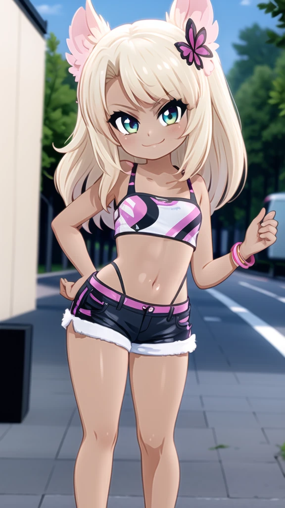 By mantis-x, (gyaru), young girl, tight small hotpants, small breasts, playful smile, blonde hair, ((tanned skin)), solo, midriff, tube top,