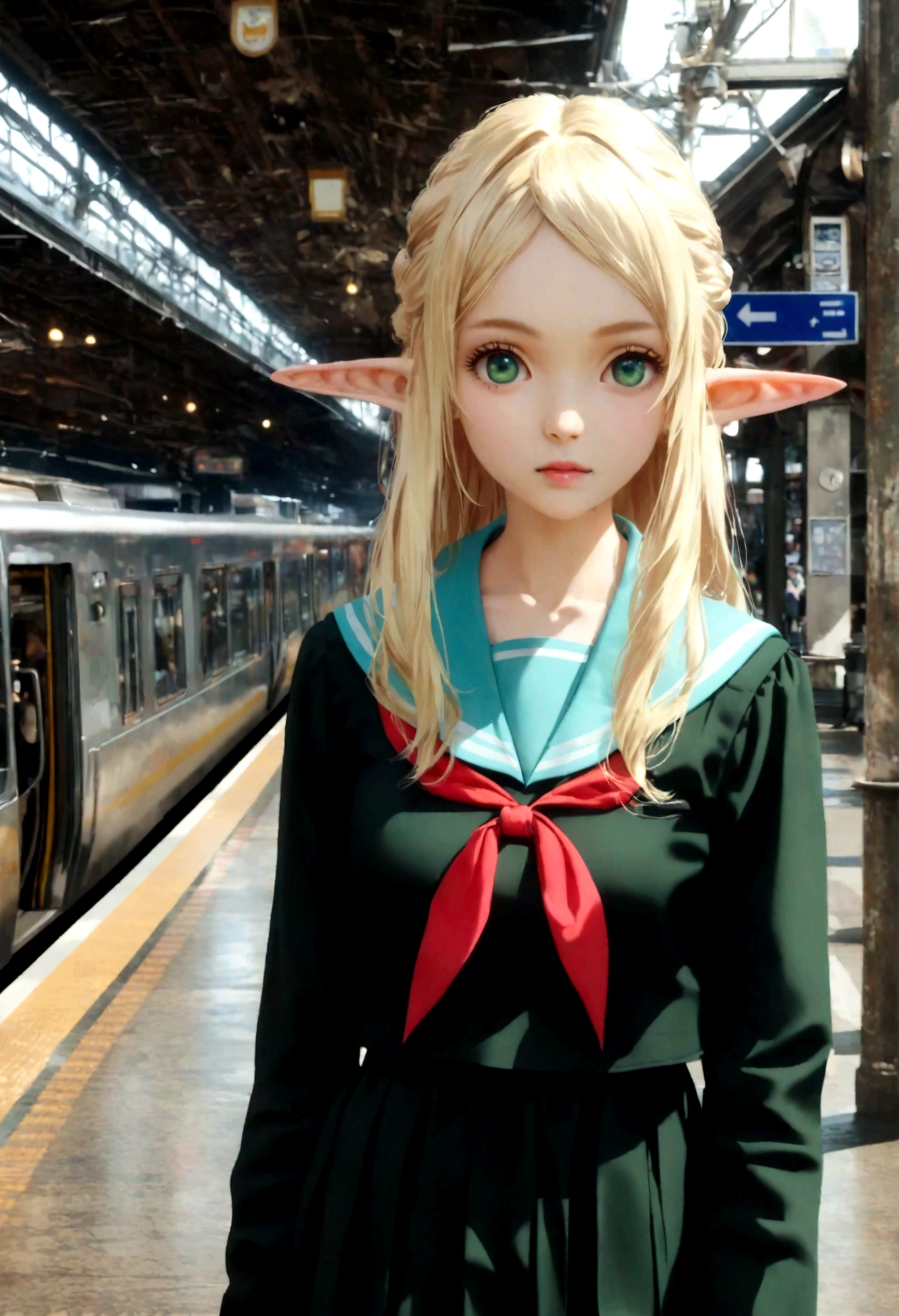 An elf high school student at a train station, pointy ears, in the style of light pink and light brown, anime aesthetic, serafuku, i can't believe how beautiful this is, photo-realistic techniques, train station, light gold and green,medium full shot, green eyes, blonde hair,