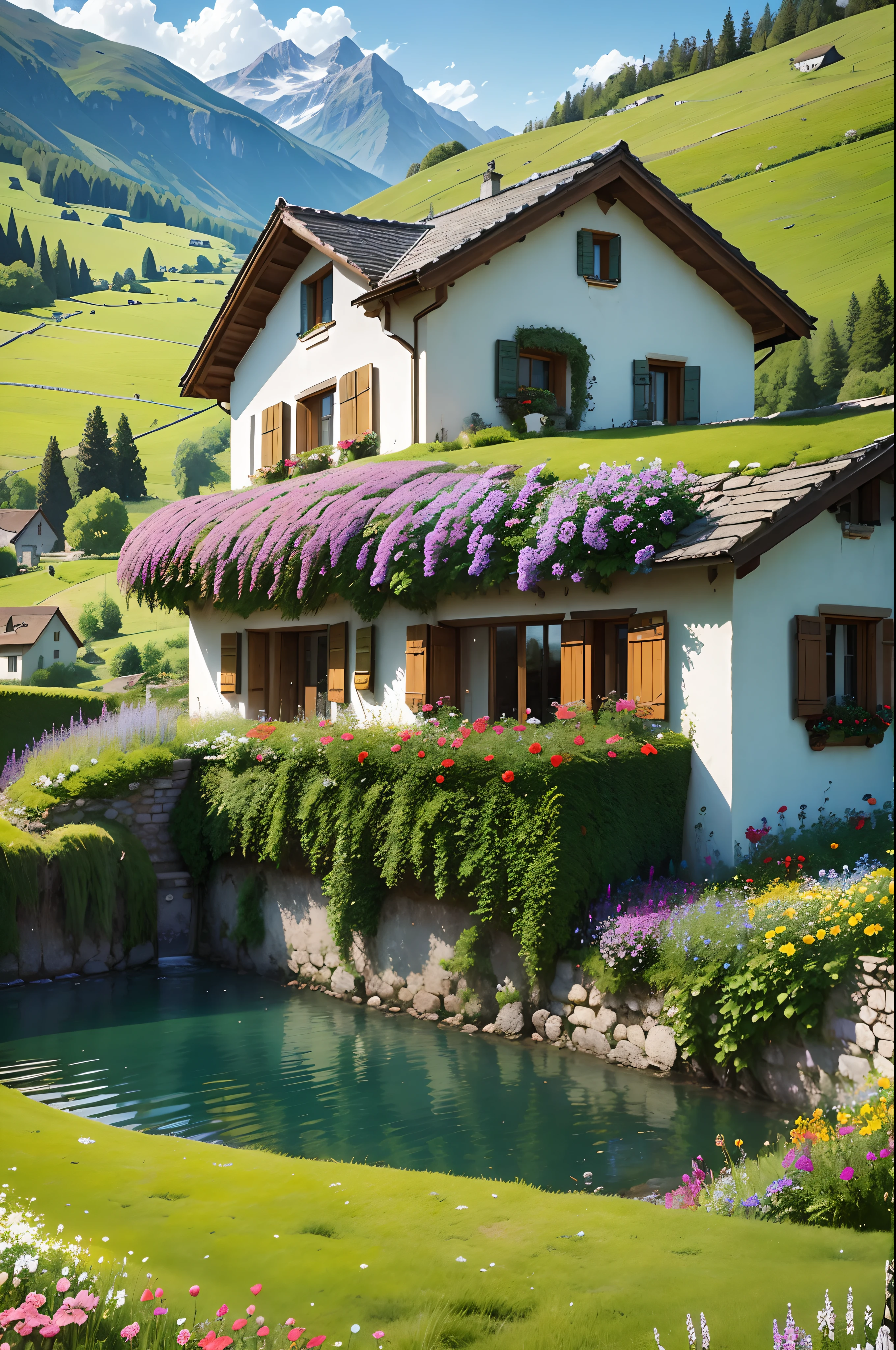 Tranquil and idyllic countryside, Colinas verdejantes repletas de ovelhas pastando, Vila encantadora,Situado entre flores vibrantes, Clear blue sky above, Evokes a sense of peace and simplicity, vale encantador, Switzerland, manchas de campos verdes, paisagem exuberante, vale exuberante,An idyllic villa in Milan,,campos verdes verdejantes,Acima de uma aldeia,Rolling terraces,Jardim colorido de flores e plantas,Alpine scenery in the Swiss countryside under the Alps,Cadeira Carl Berna,Natureza majestosa, swiss architecture, lindo cenario, rios,cachoeira