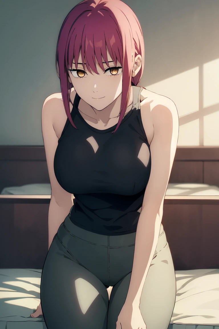 (extremely detailed CG unity 8k wallpaper),(masterpiece),(best quality),(ultra-detailed),(best illustration),(best shadow),(absurdres), Makima, 1girl, solo, pants, grey pants, ringed eyes, looking at viewer, yellow eyes, red hair, bangs, sidelocks, bedroom, medium hair, blurry, closed mouth, braid, smile, sitting, indoors, blurry background, braided ponytail, pink hair, large breasts, wide hips, thick thighs, extremely tight pants, thigh gap, black tanktop, sleeveless, bare shoulder, collarbone, (cleavege), hands in lap, leaning forward
