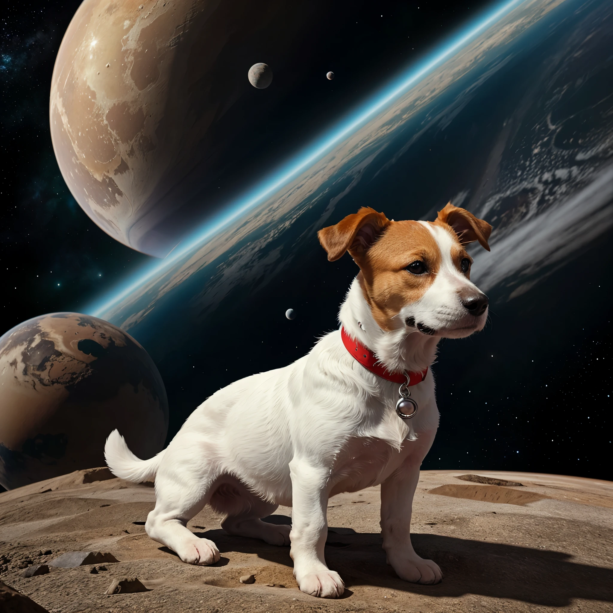 The dog is alone, Jack Russell breed, white-red color, is in space among different planets