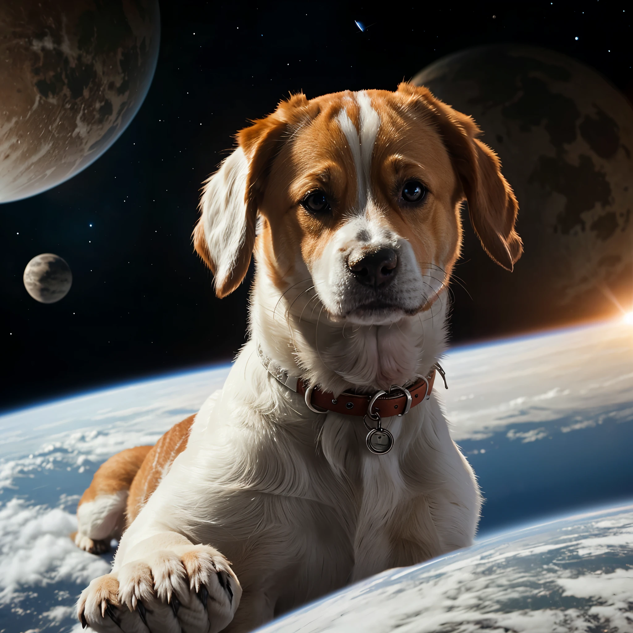 The dog is alone, Jack Russell breed, white-red color, is in space among different planets