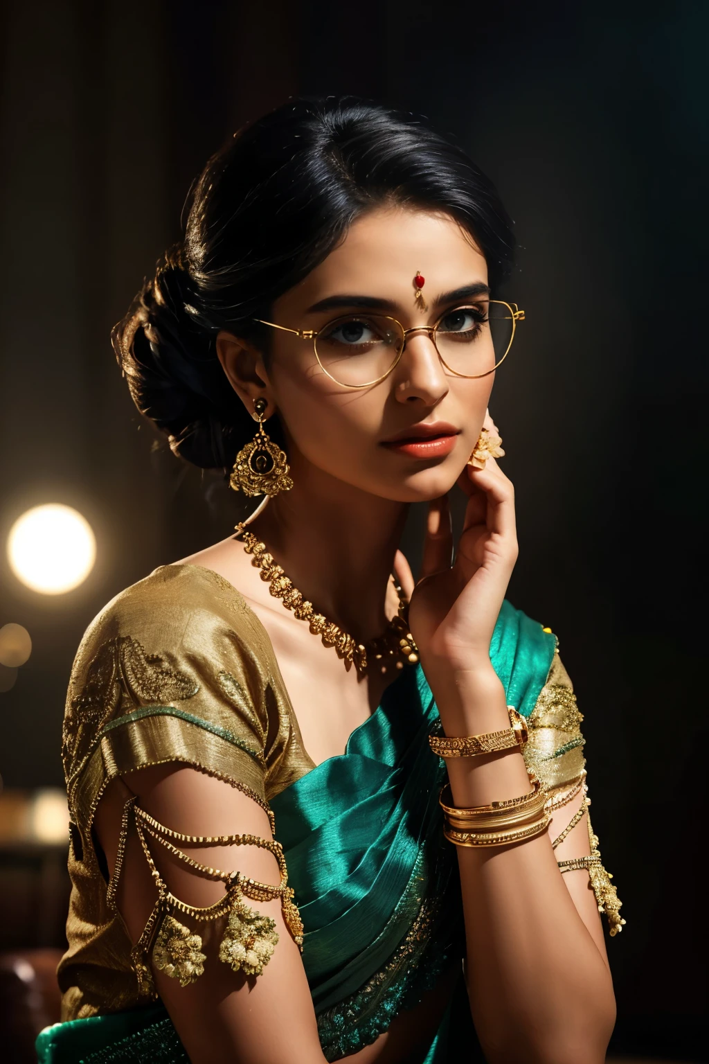 In this photograph, an Indian Instagram female model in her mid-20s takes center stage. (highly detailed face:1.4) (smile:0.7) (background 5-star hotel, moody, private study:1.0V, by Lee Jeffries, Nikon D850, film stock photograph, 4 Kodak Portra 400, camera f1.6 lens, rich colors, hyper-realistic, lifelike texture, dramatic lighting, Cinestill 800, realistic). She is wearing a traditional greenish ivory saree that exudes elegance and sophistication. The saree features a vibrant and intricate design with rich colors and detailed patterns, draped gracefully around her. The blouse is short-sleeved with intricate embroidery and beadwork, complementing the saree’s luxurious fabric. Completing her look, she adorns herself with traditional jewelry, including bangles, earrings, and a necklace. The model's hair is styled in a classic bun with jasmine flowers, and she wears aviator glasses, adding a modern twist to her traditional attire. 

The photograph is meticulously captured in 8K resolution using cutting-edge techniques such as Cinema 4D and Octane Render, resulting in a highly detailed and photorealistic image. Studio lighting, HDR, and a smoky mist create a captivating ambiance, while the bokeh effect adds an artistic touch.