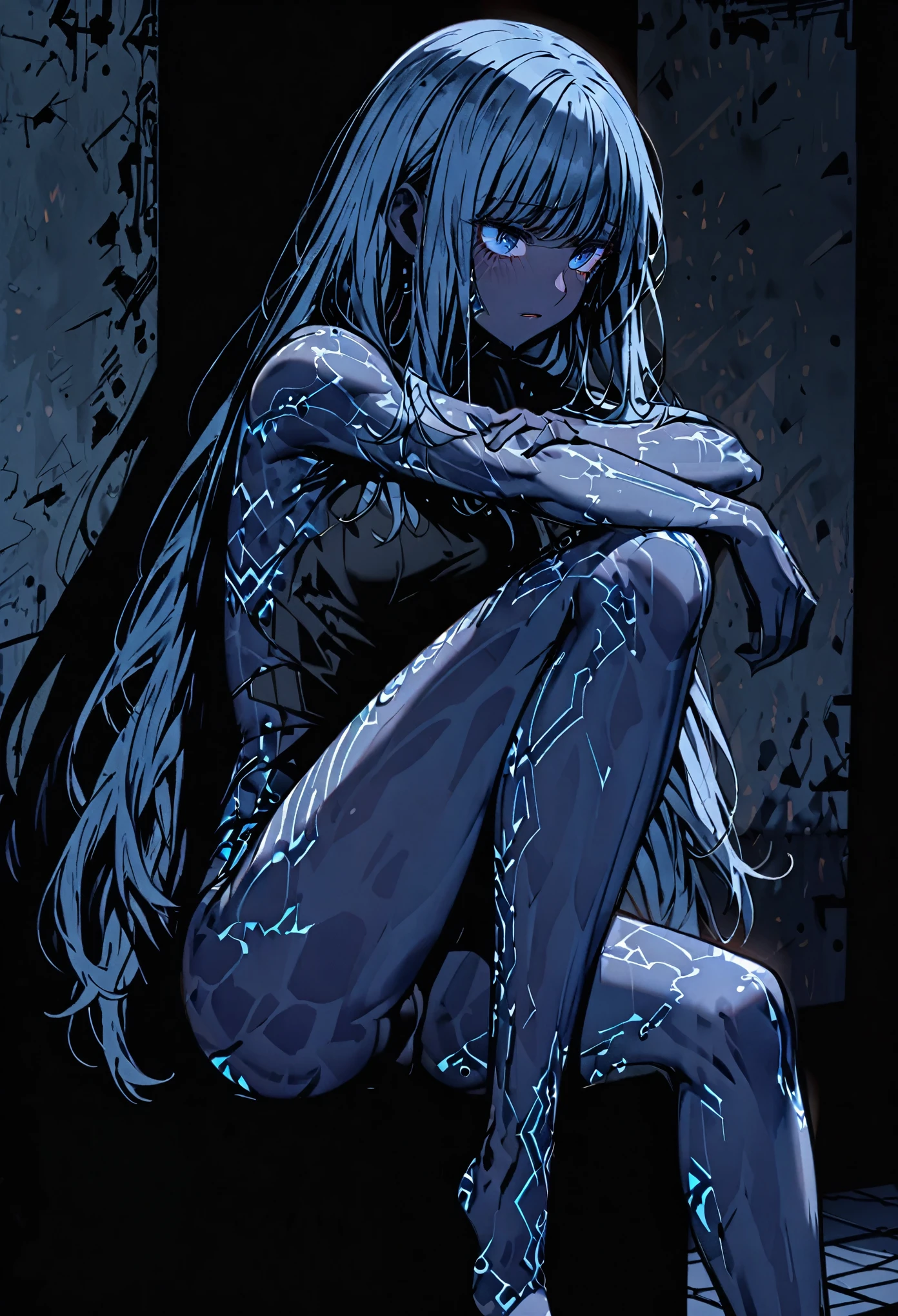 solo, female, holographic woman being projected, floating over high tech pedestal, bored expression, ((blue and black static)), dark blue skin, static skin, knee up, hugging knee, lonely, long hair, blue hair, transparency on hair, sfw, dark, isolated, basement, (((black and blue static skin))), (((surrounded by shadows:1.4))), close up
