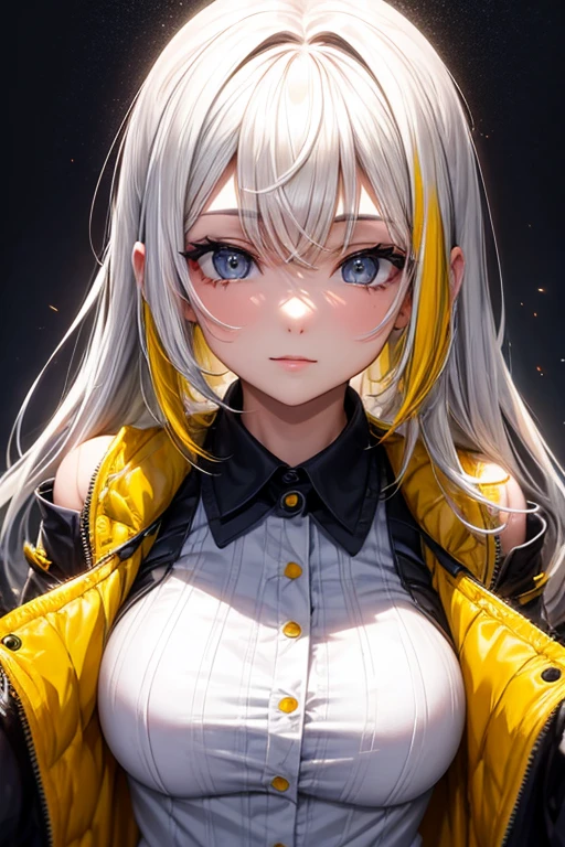 una chica, pelo de color blanco, ojos de color amarillo, cabello blanco