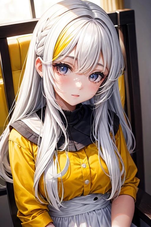 una chica, pelo de color blanco, ojos de color amarillo, cabello blanco