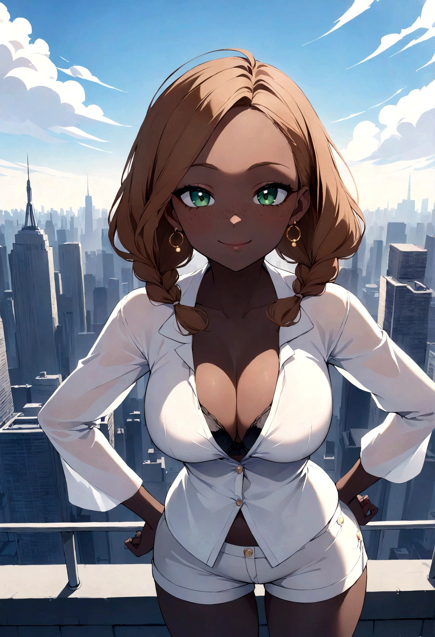 Girl with black skin, braided brown hair, Box braids, green eyes, smiling, white shorts, black bra, white blouse, big circle gold earrings, freckles, big lips, perfect face, both her hands are on her hips, she is on a rooftop, nyc skyline in the background, blue skies big white clouds