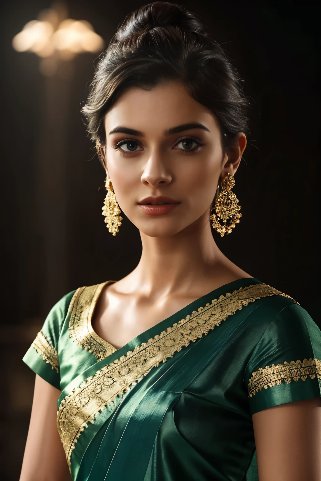 In this photograph, an Indian Instagram female model in her mid-20s takes center stage. (highly detailed face:1.4) (smile:0.7) (background 5-star hotel, moody, private study:1.0V, by Lee Jeffries, Nikon D850, film stock photograph, 4 Kodak Portra 400, camera f1.6 lens, rich colors, hyper-realistic, lifelike texture, dramatic lighting, Cinestill 800, realistic). She is wearing a traditional greenish ivory saree that exudes elegance and sophistication. The saree features a vibrant and intricate design with rich colors and detailed patterns, draped gracefully around her. The blouse is short-sleeved with intricate embroidery and beadwork, complementing the saree’s luxurious fabric. Completing her look, she adorns herself with traditional jewelry, including bangles, earrings, and a necklace. The model's hair is styled in a classic bun with jasmine flowers, and she wears aviator glasses, adding a modern twist to her traditional attire. 

The photograph is meticulously captured in 8K resolution using cutting-edge techniques such as Cinema 4D and Octane Render, resulting in a highly detailed and photorealistic image. Studio lighting, HDR, and a smoky mist create a captivating ambiance, while the bokeh effect adds an artistic touch.
