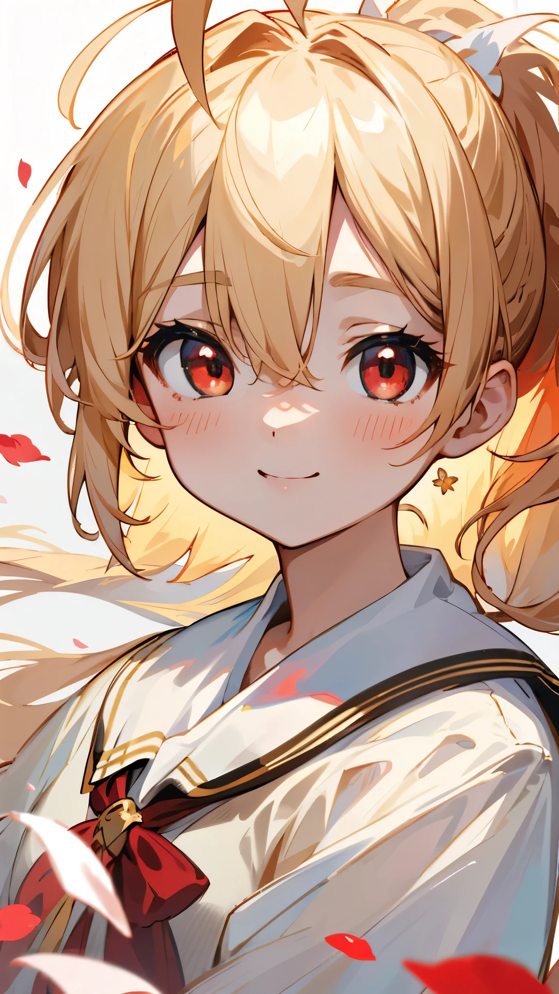 (highest quality,masterpiece,Surreal),Beautiful and delicate girl portrait,Playful and cute,Background Petals fluttering,Blonde ponytail、Ahoge、Beautiful red eyes、smile、