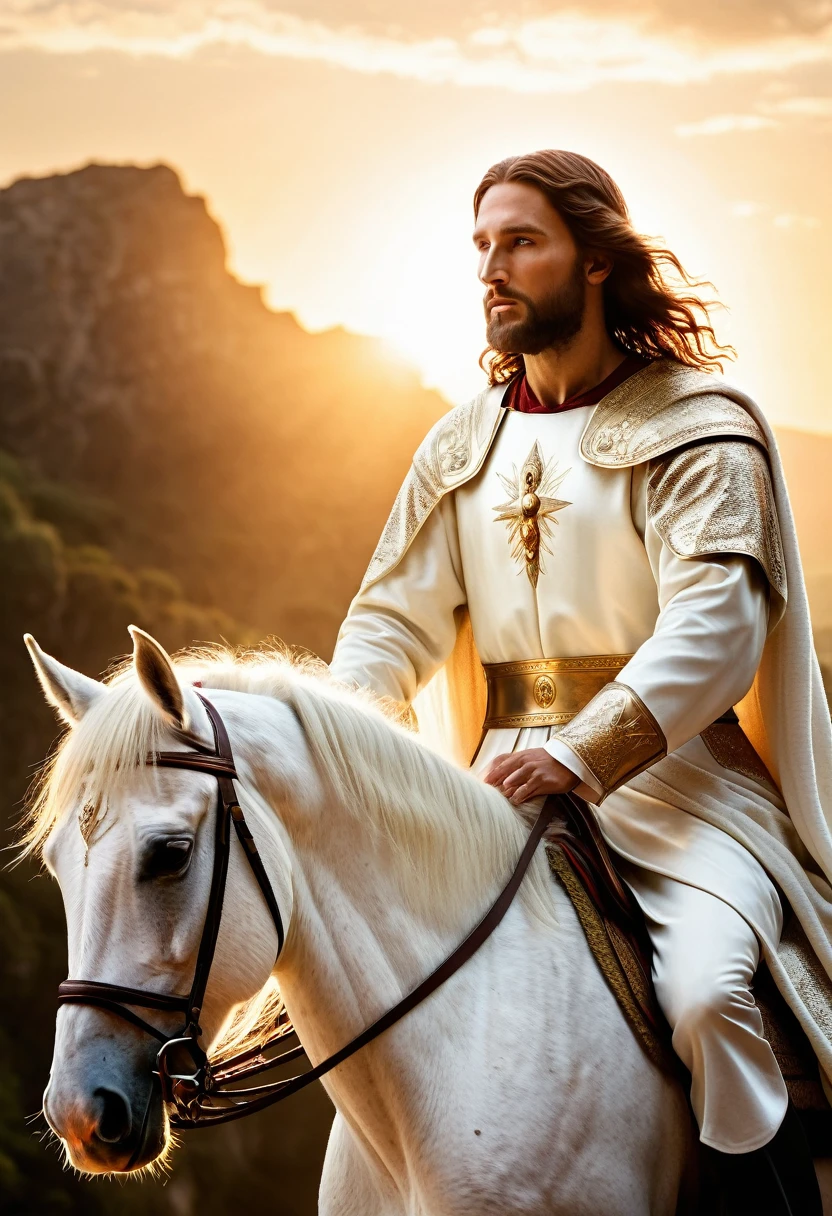 Cinematic soft lighting illuminates a stunningly detailed and ultra-realistic, details of this 16k photography masterpiece, Christ on a white horse,