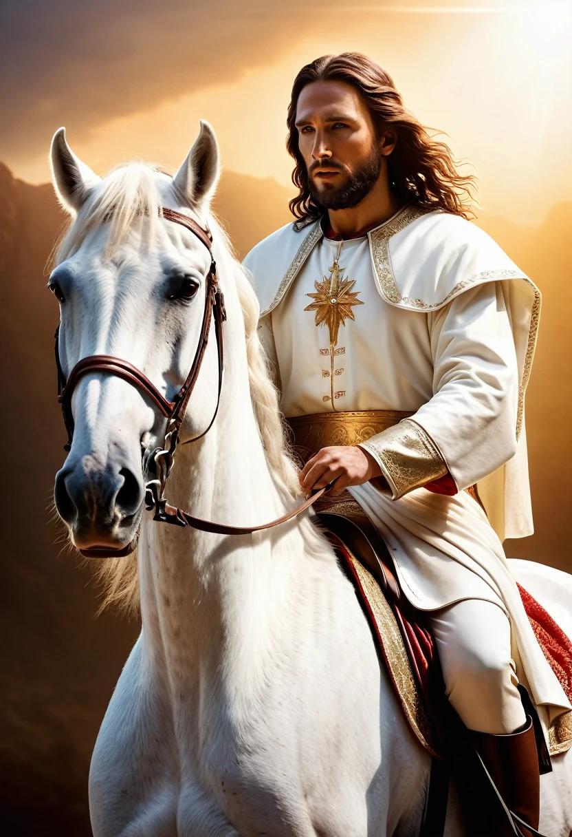 Cinematic soft lighting illuminates a stunningly detailed and ultra-realistic, details of this 16k photography masterpiece, Christ on a white horse,