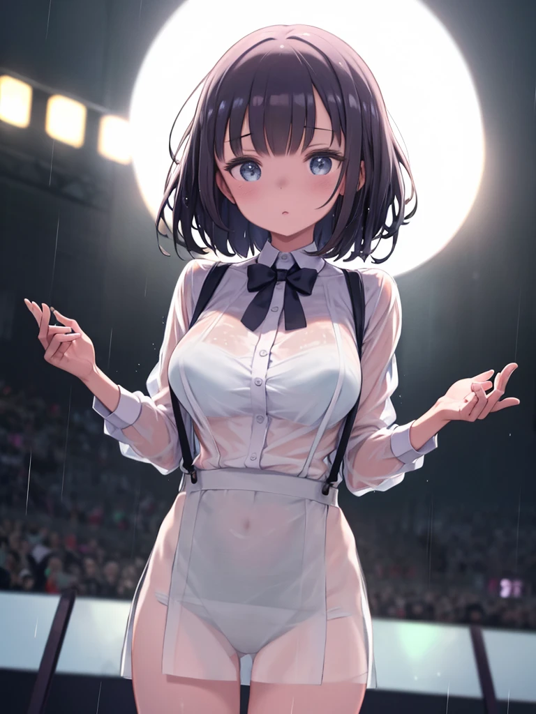 One Girl、Big Breasts、suspenders、White shirt、in the rain、Wet Hair、See-through clothing、Underwear is visible、Watching the audience、