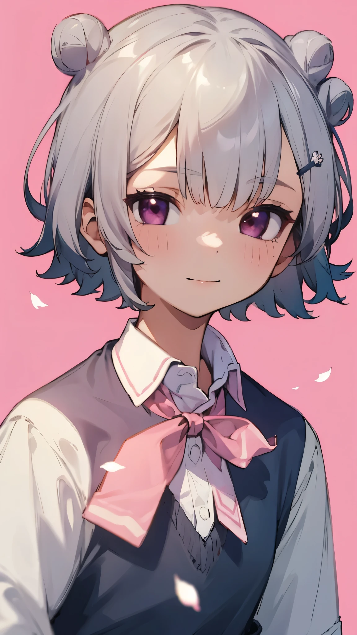 (highest quality,masterpiece,Surreal),Beautiful and delicate girl portrait,Playful and cute,Background Petals fluttering,Silver short hair and bob hair、Tie your hair up with a hair clip、Pink Eyes、
